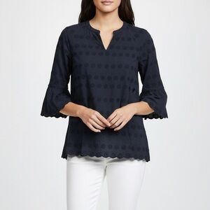 Talbots Geo Embroidered Notched Bell Sleeves Top Size Small Navy Blue
